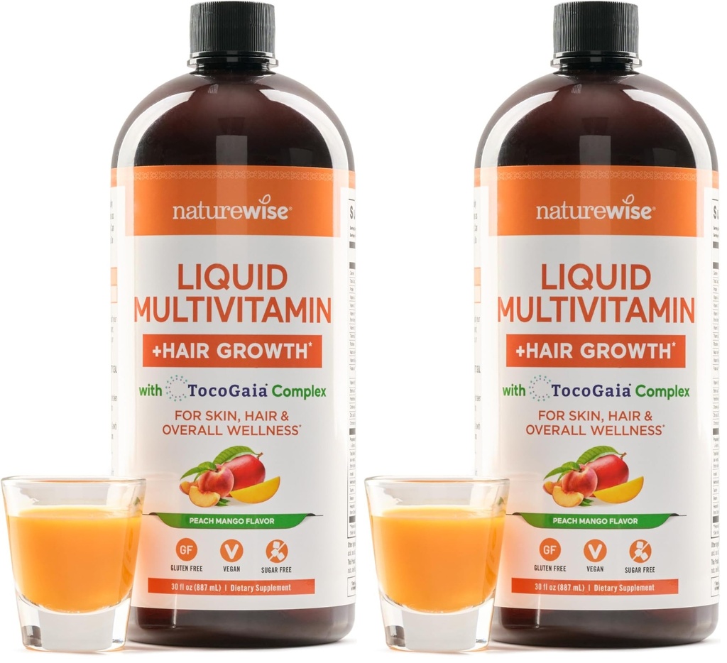 NatureWise Liquid Multivitamin Haarwachstum für Frauen & Männer + Tocogaia® für Haarwachstum & Hautelastizität Unterstützung + Biotin, Vitamin D, E, B - Zuckerfrei, Vegan - 30 fl oz, (Paket von 2)