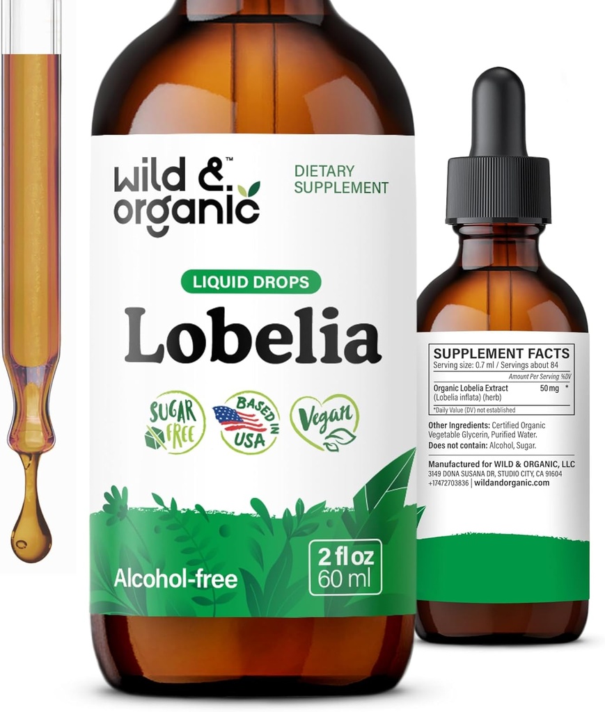 Teinture de lobelia sauvage et biologique - Nettoyant et désintoxication à base de plantes - Supplément d'extrait de lobelia liquide - gouttes de plantes végétaliennes, sans sucre et sans alcool - 2 fl oz