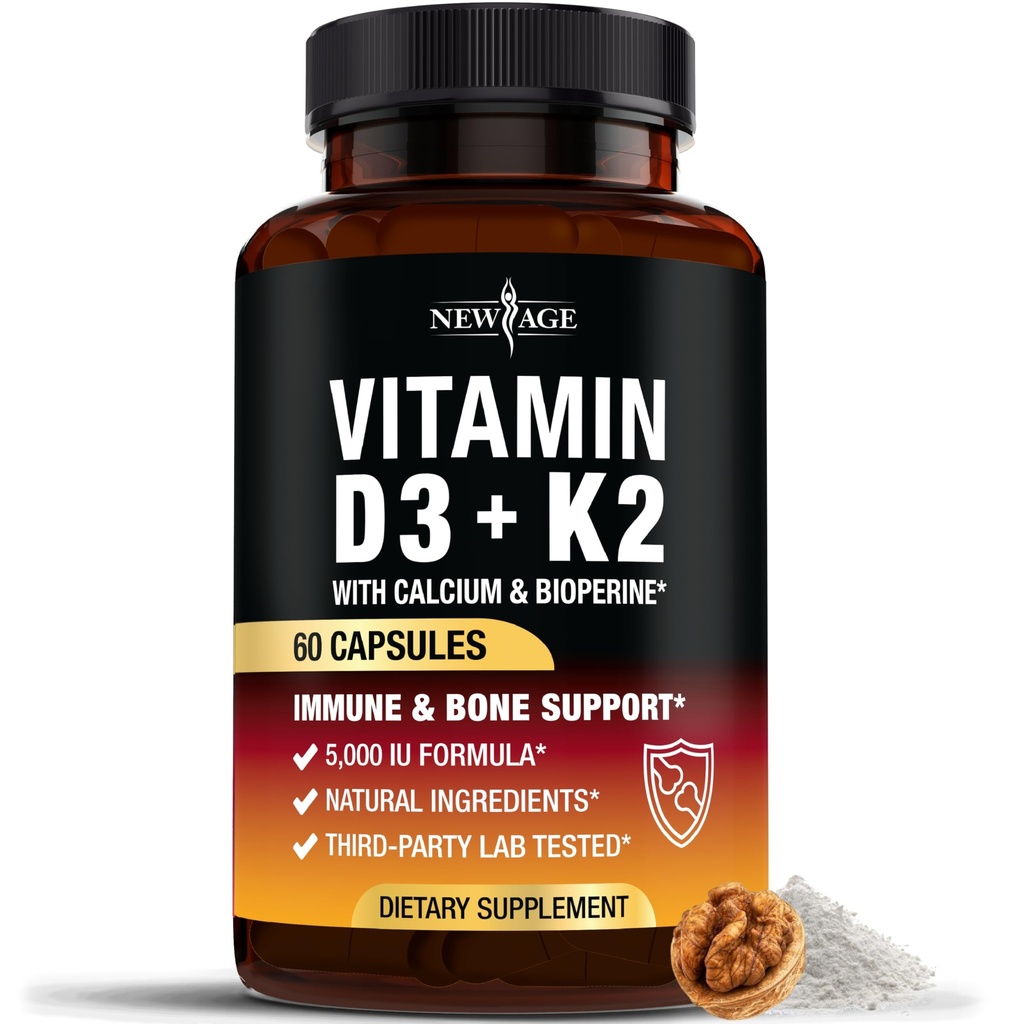 Nouvelle vitamine D3 5 000 UI + K2 MK-7 100 mcg - 2-en-1 Bone, Immune et soutien cardiaque, facile à avaler, non-OGM - 60 capsules