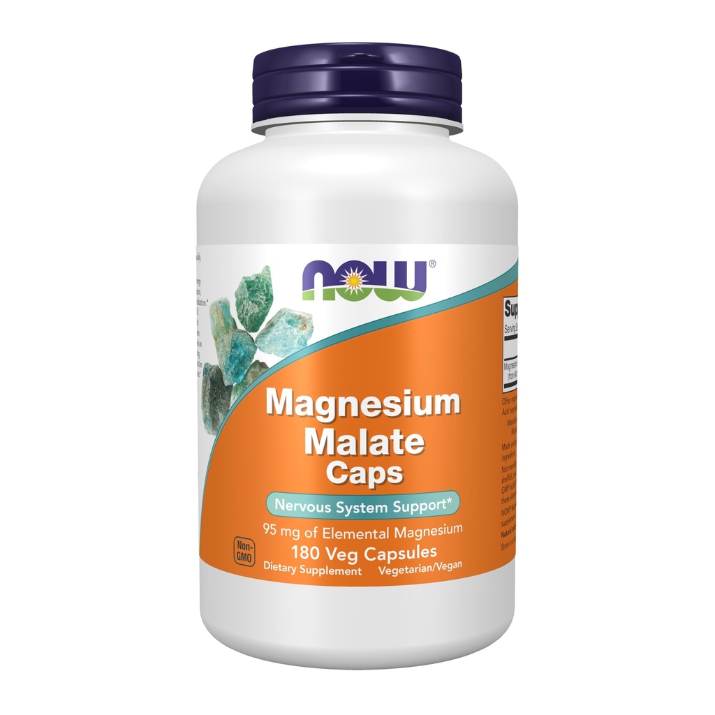 NOW Integratori alimentari, Magnesio Malato Caps con 95 mg di Magnesio Elementale, Supporto di Sistema Nervoso*, 180 capsule di Veg