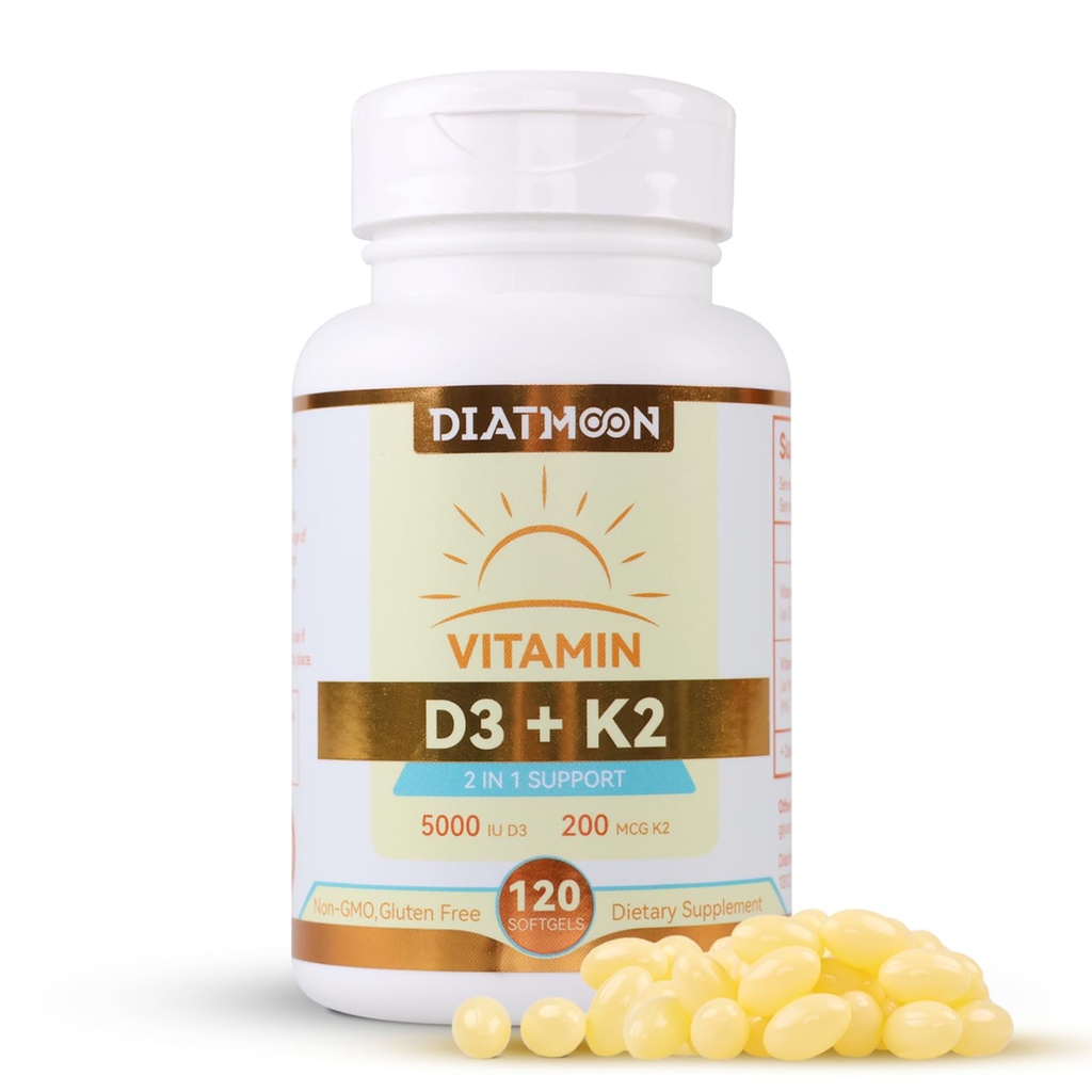 Vitamin D3 K2 Supplement Softgels, Vitamin D3 5000 IE & Vitamin K2 MK7 200 mcg, Knochen & Zähne Unterstützung, leicht zu schlucken - 120 Counts