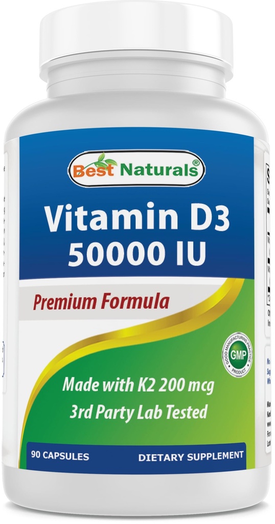 Best Naturals Vitamin D3 50.000 IE mit MK-7 K2 200 mcg – 90 Veg Kapseln – Hochpotenz – Nicht-GVO, glutenfrei