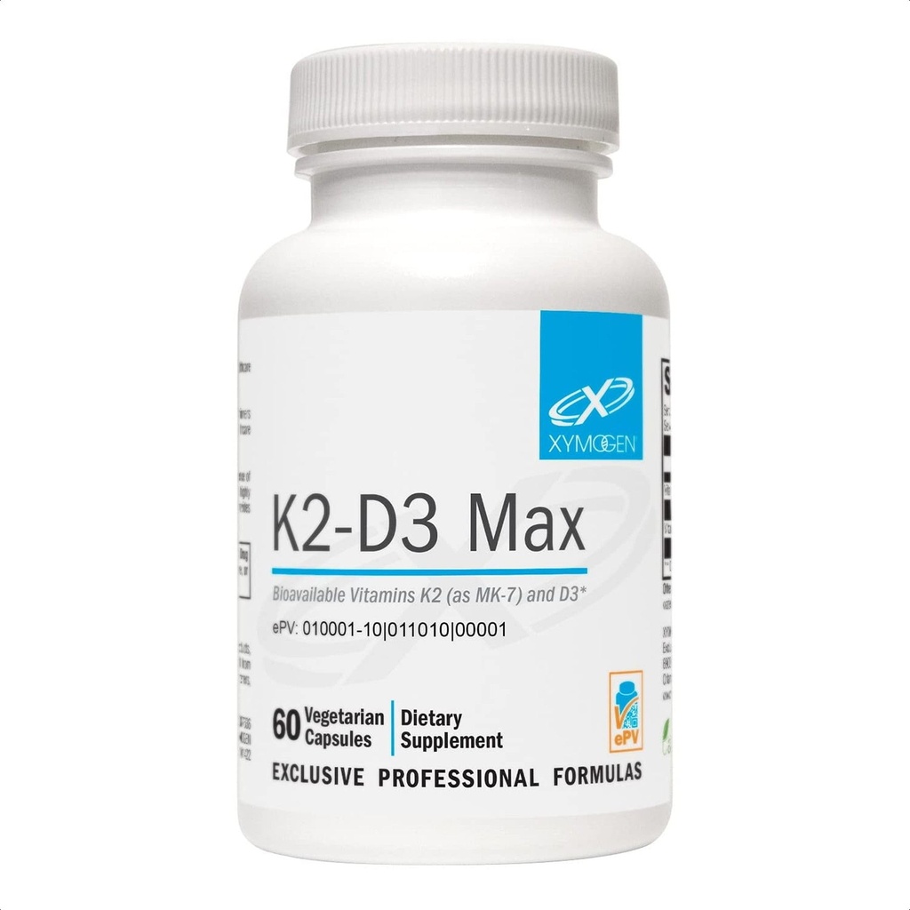 XYMOGEN K2-D3 Max - Vitamina D3 K2 Integratore per Bone & Supporto Immune* - Alta resistenza K2 MK-7 - Non OGM, Senza glutine, Vegetariano - 60 capsule