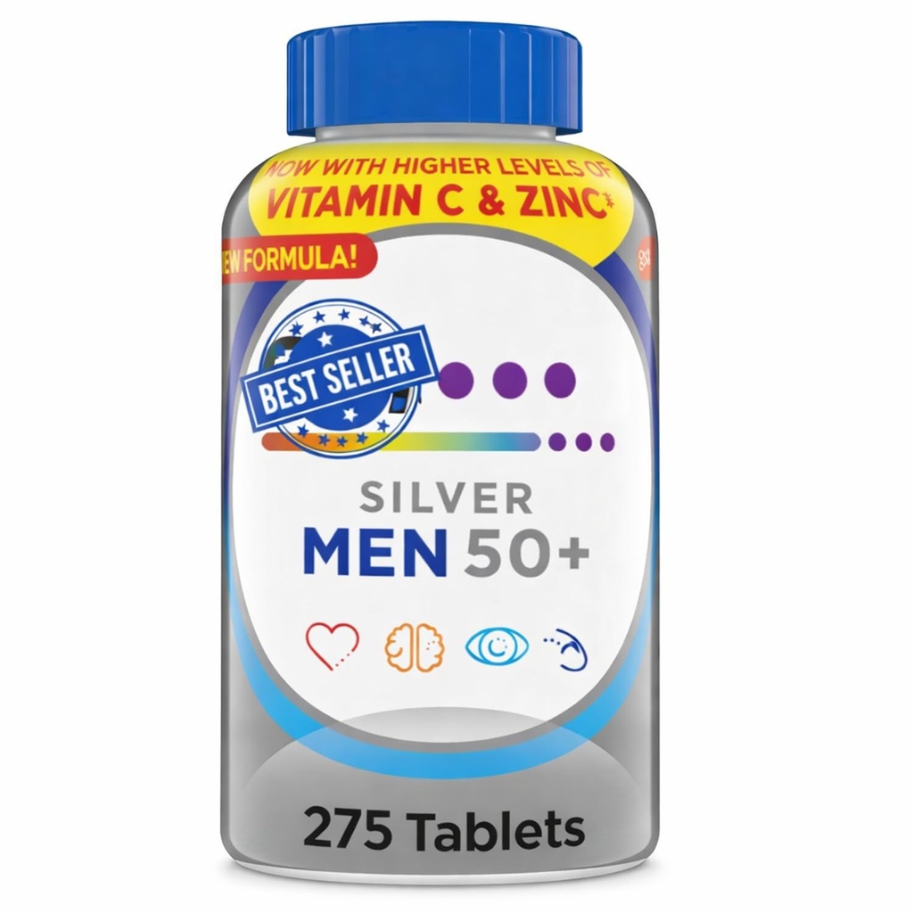 Silber Männer 50+ Plus tägliches Multivitamin - Multimineral Supplement mit Vitamin D3, Zink, B Vitamine & Antioxidantien, unterstützt Herz, Muskel & Immungesundheit - 275 Tabletten