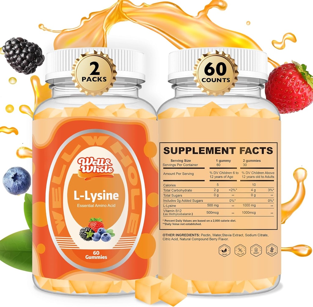 L-Lysine Gummies 1000mg - L-Lysine Ergänzungen für Kinder und Erwachsene - Lip und Kalte Sore* Unterstützung für Frauen - Kaubare Lysine Gummis mit Vitamin B12 - Vegan, Non GMO, Gluten-Free, 120 Zähler
