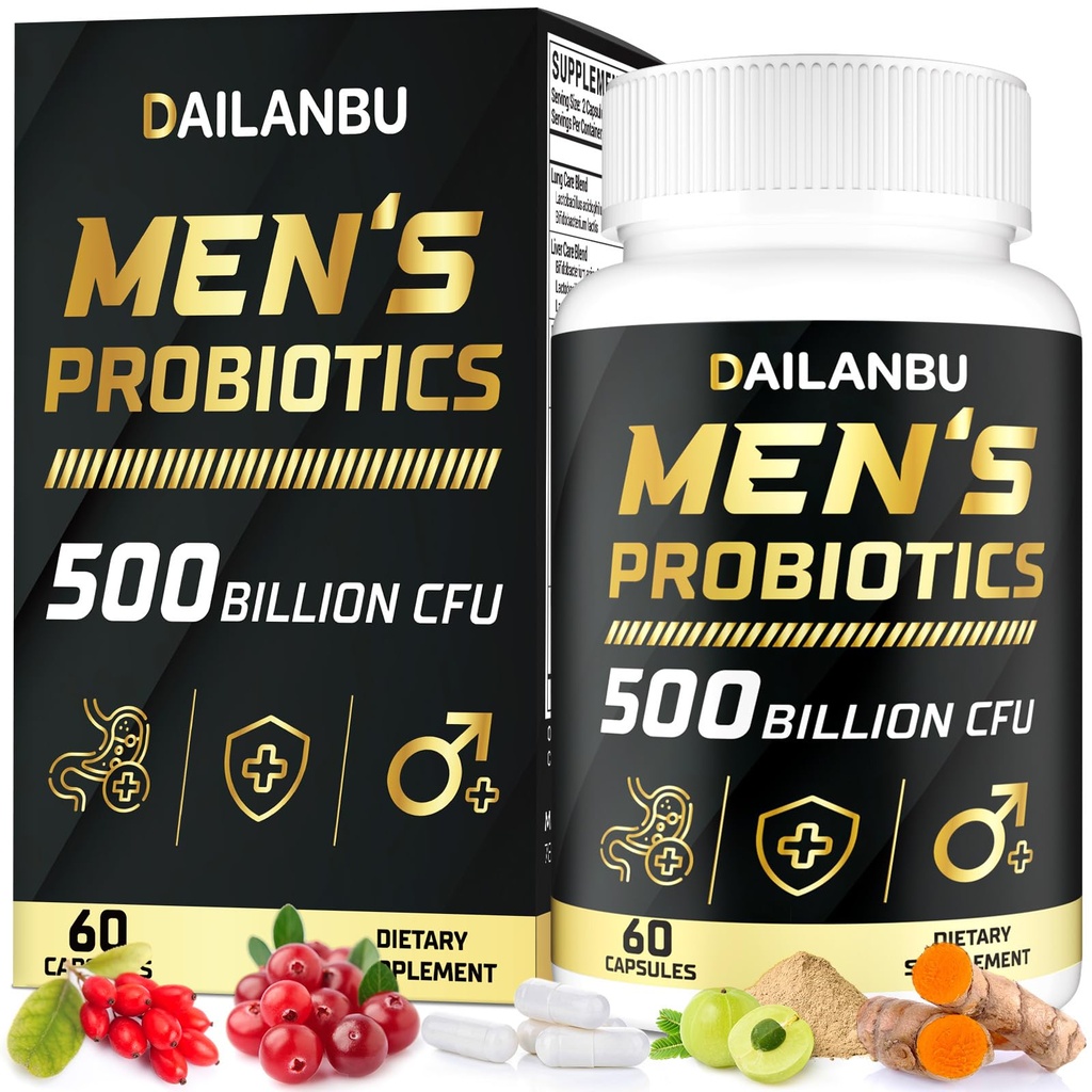 Probiotiques pour les hommes 500 milliards CFU, 16 EN 1 Probiotiques pour les hommes avancés pour la santé digestive, lmmune et le métabolisme, la prostate et l'urine, Gut Health - Probiotique pour hommes avec curcuma, canneberge, Goji, 60 capsules