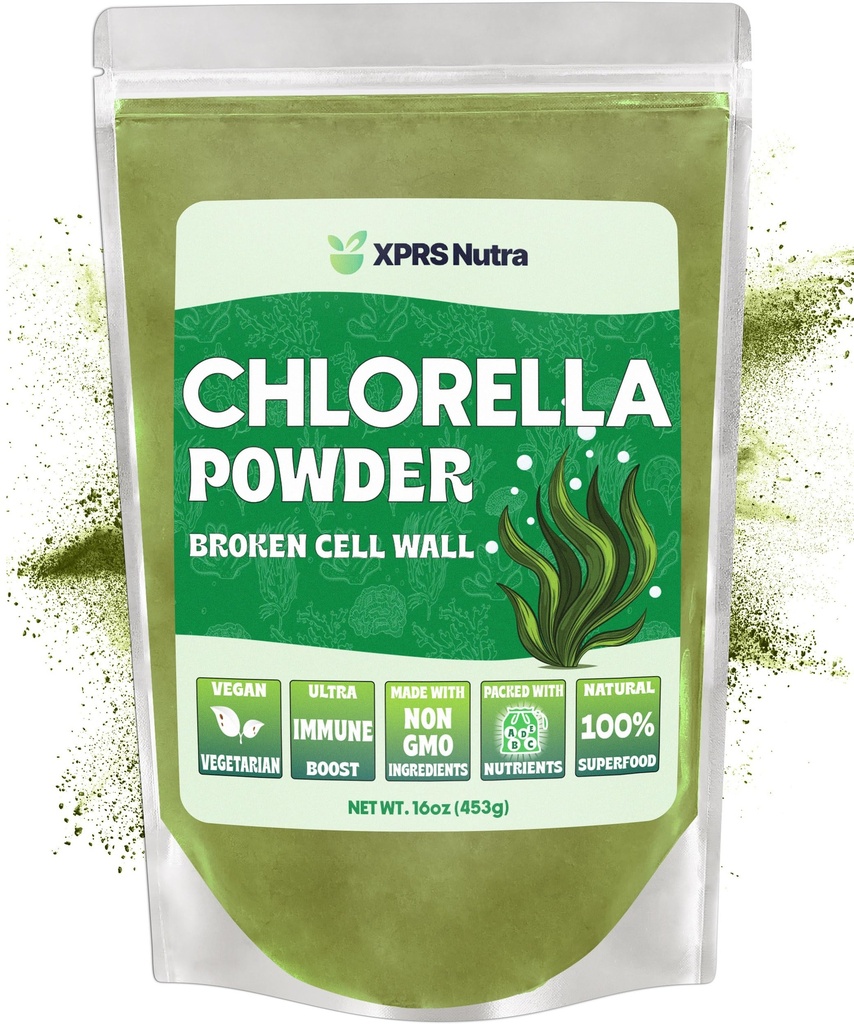 Polvere di clorella organica di XPRS Nutra - Polvere clorofilla della parete della cella rotta - Polvere organica di clorella di clorella per l'immunità - Polvere di clorella amichevole vegana organica per proteina completa (16 oncia)