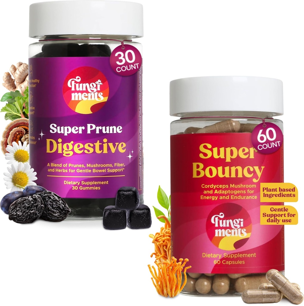 Super Prune + Super Bouncy Mushroom Supplement Natural Constipation Relief + Green Tea Energy + Cordyceps Brain Boost