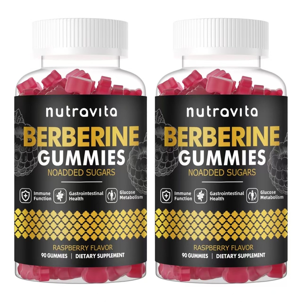 Nutravita Berberine Gummies con Ceylon Cinnamon 1500mg High Potency Berberine HCL Supplemento per Immune e Metabolismo Supporto, Zucchero Organic Berberine Gummies Raspberry Flavor-2PACK