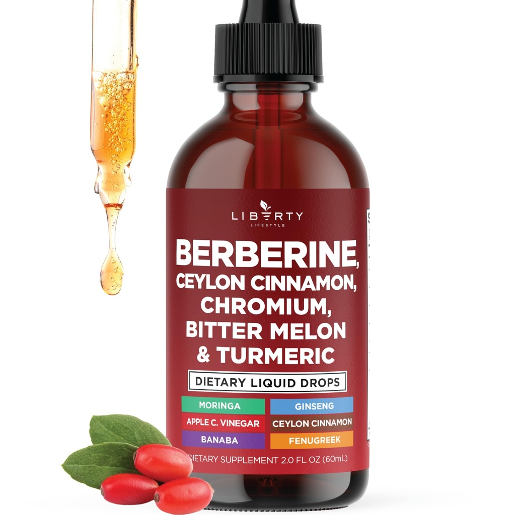 Berberina con Ceylon Cinnamon Supplemento Gocce Liquide + Estratto di melone Bitter, Glucomannan, Gymnema, Cromo, Turco, Panax Ginseng, Moringa- 2 OZ