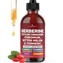 Berbérine avec supplément de cannelle Ceylan gouttes liquides + Extrait de mélône amère, Glucomannane, Gymnema, Chrome, Turmeric, Panax Ginseng, Moringa- 2 OZ