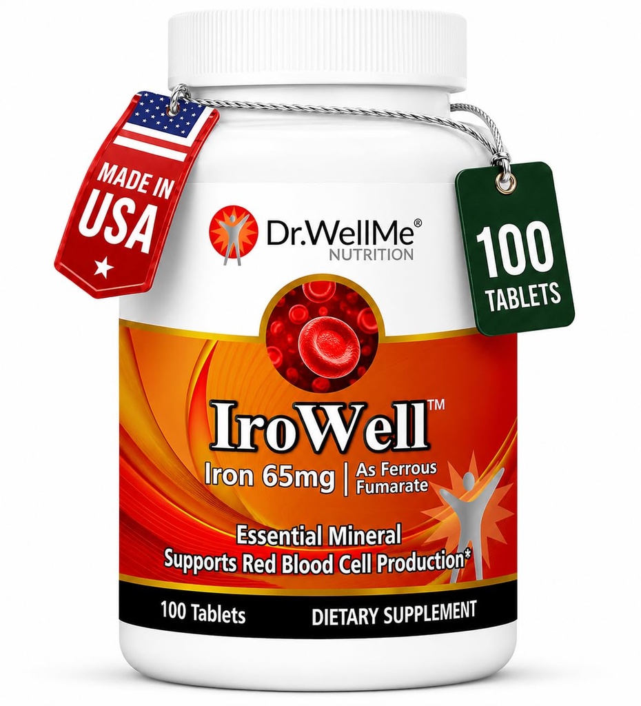 Irowell Iron Tablets 65mg – 100 Tablets für eine 100-Tage-Versorgung Ferrous Fumarate für Energie, Muskelkraft und Immunität – Eisenergänzung für Männer & Frauen
