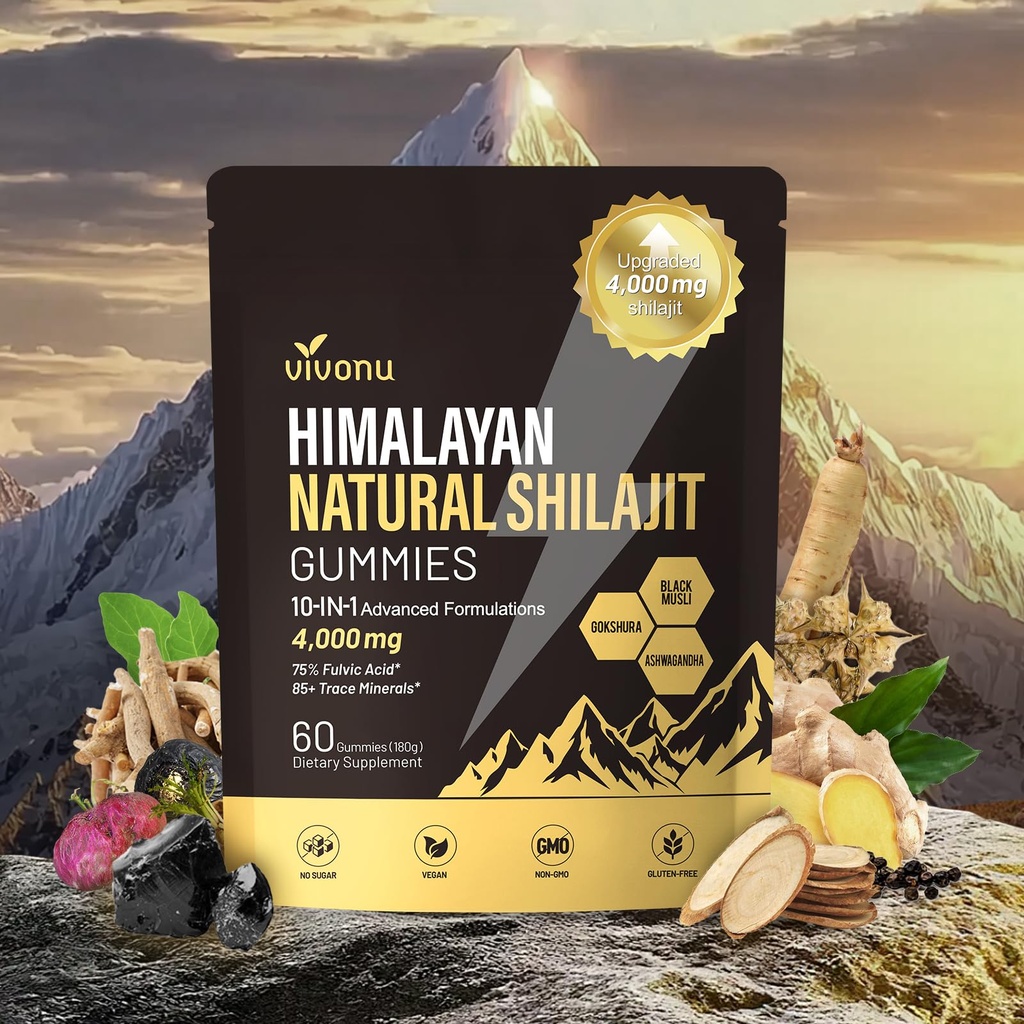 VivoNu Shilajit* Gummies, supplément de micronutriments pour l'Himalaya*, ingrédient premium de l'Himalaya avec Shilajit, Ashwagandha, Gokshura, acide fulvic et 85+ Trace Minerals I pour les hommes et les femmes (4000MG/1 sac)