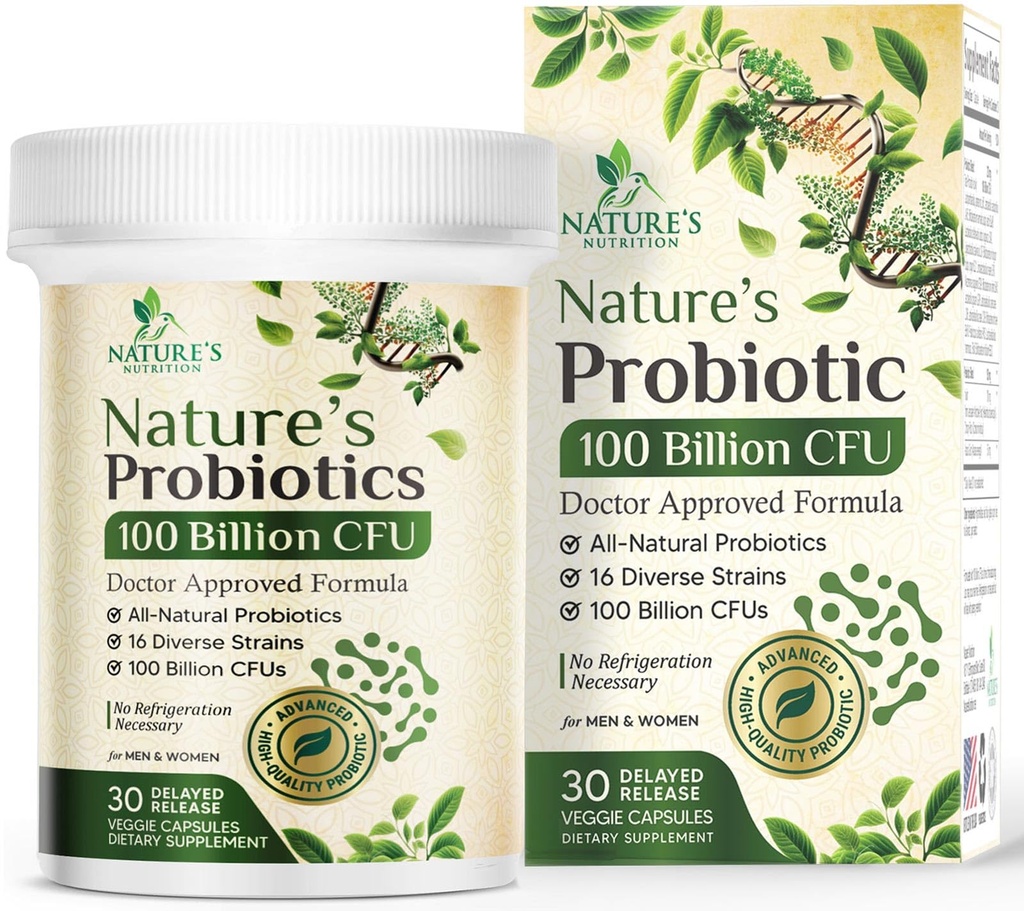 Probiotici 100 miliardi di CFU Per Serving - 16 Strains Premium + Prebiotici - Integratore Probiotico per Adulti - Supporta Immune & Digestive Health & Occasional Constipation, USA Bottigliato - 30 capsule