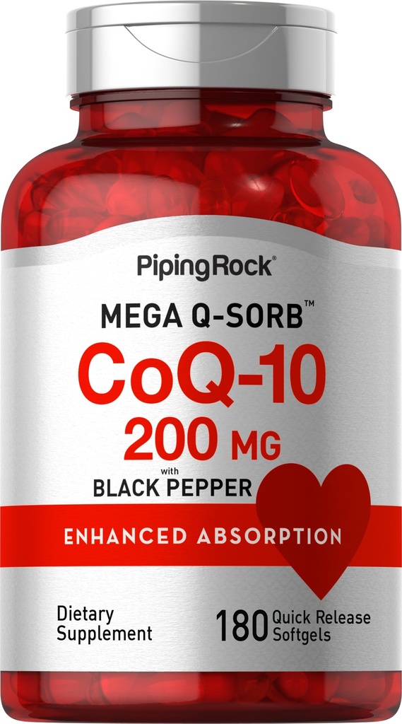Piping Rock CoQ10 200mg | 180 capsule Softgel | Supplemento per le donne e gli uomini | Assorbimento potenziato con Estratto di pepe nero | Non OGM, Gluten Free
