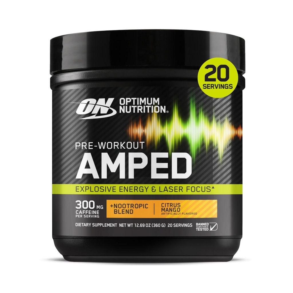 Optimale Ernährung Amped Pre-Workout, mit Citrullin, Beta-Alanin, Nootropika und 300 mg Koffein für Energie, Citrus Mango, 20 Portionen (Verpackung kann variieren)