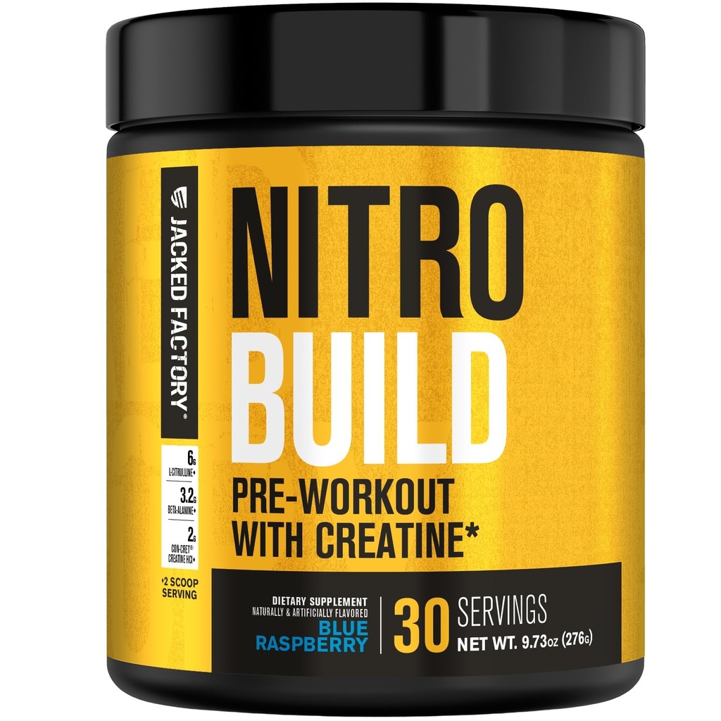 Nitrosurge d'usine Jacked construire avant l'entraînement avec la créatine pour le bâtiment musculaire - Con Cret Creatine poudre & elevATP pour l'énergie intense, pompe puissante, et l'endurance sans fin - 30 portions, bleu framboise