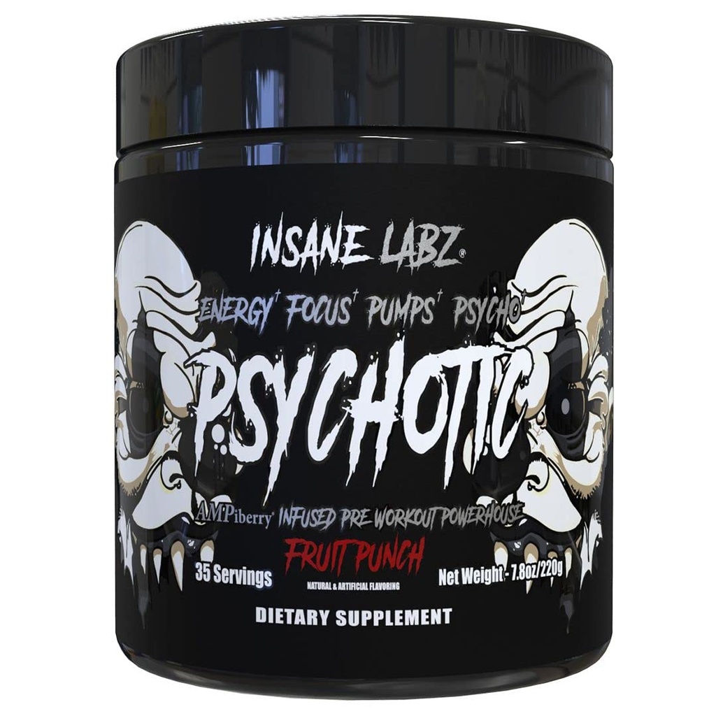 Insane Labz Psychotic Black Edition Mid Stimulant Pre Workout Powder, Energy Focus Pumps, Caricato con Creatine Beta Alanine Taurine Fueled da AMPiberry, 35 Servings (Fruit Punch)