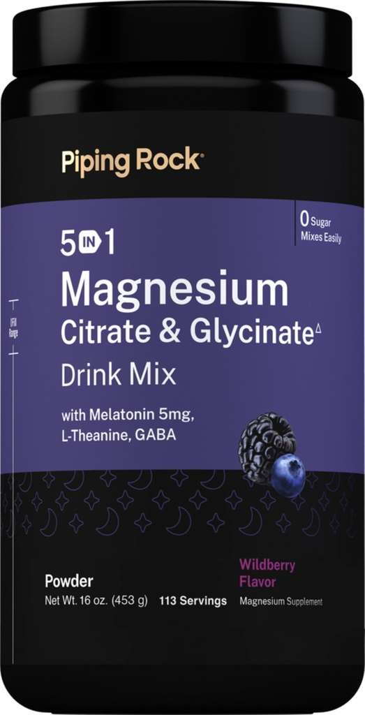 Piping Rock Melatonin Magnesium Powder | 16 oz | with L-Theanine | Wildberry Bedtime Drink Mix | Vegan, Non-GMO, Gluten Free Supplement