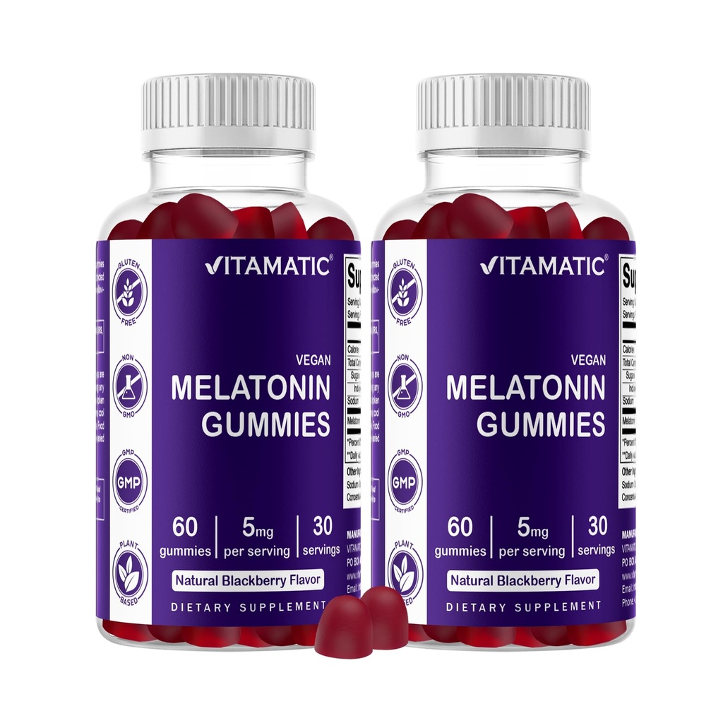 Vitamatic Melatonin Gummies – (2.5 mg, 5 mg & 10 mg Doses) | 60 Vegan Gummies per Bottle | Pack of 2