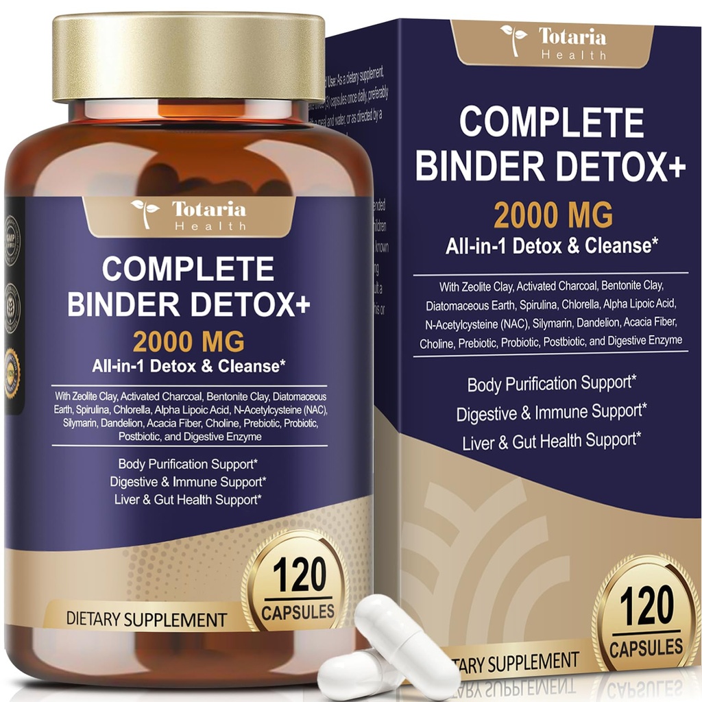 Totaria 2000MG All-in-1 Detox Binder, Activated Charcoal, Zeolite, Bentonite Clay, Alpha Lipoic Acid, 7-Layer Detox & Cleanse Supplement, Liver & Gut Support, 120 Counts