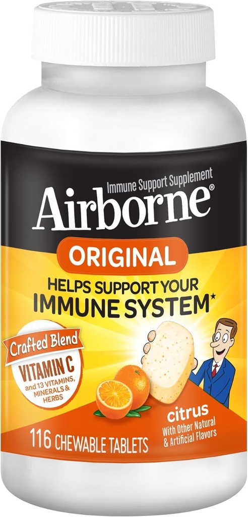 Airborne 1000mg Vitamin C + Zink Immununterstützung Ergänzung Kautabletten, Citrus Flavor mit leistungsstarken Antioxidantien Vitamine A C & E, 116 Kautabletten (3 Pack)
