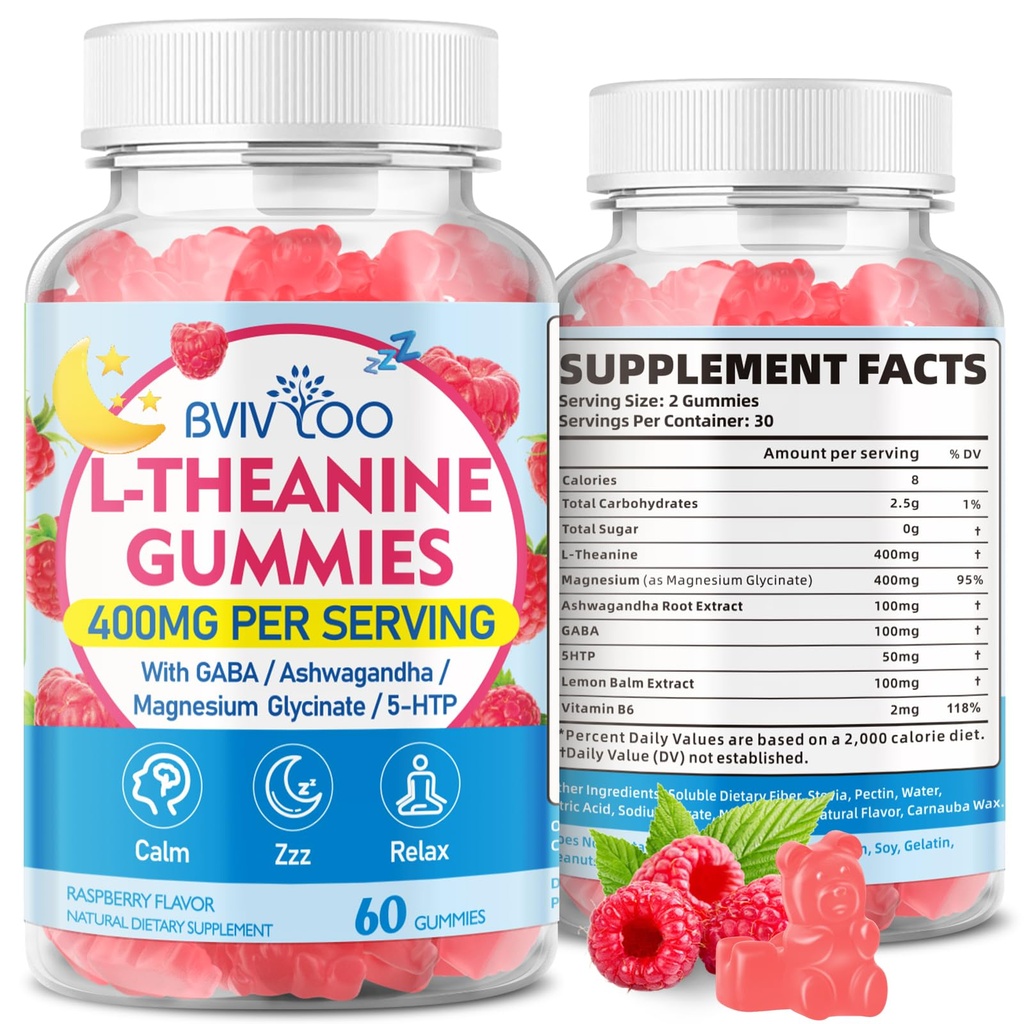 L-teanina Gummies con L-teanina 400 mg, Ashwagandha, GABA, 5-HTP, Magnesio Glycinate per il supporto calma, ZZZ & Relaxation - Vegan, Raspberry Flavor, 60 Conte