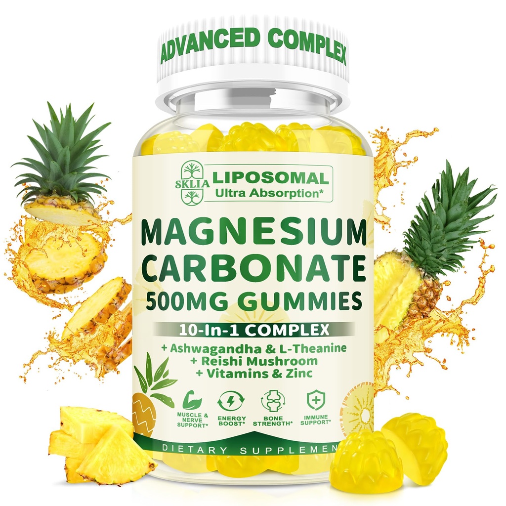 Gummies di carbonato di magnesio liosomico 500 mg — Supplemento di magnesio con Ashwagandha, L-teanina, calcio e vitamina D3 per il supporto muscolare e nervosa, aroma di ananas vegano senza zucchero (60 conteggio) 1P
