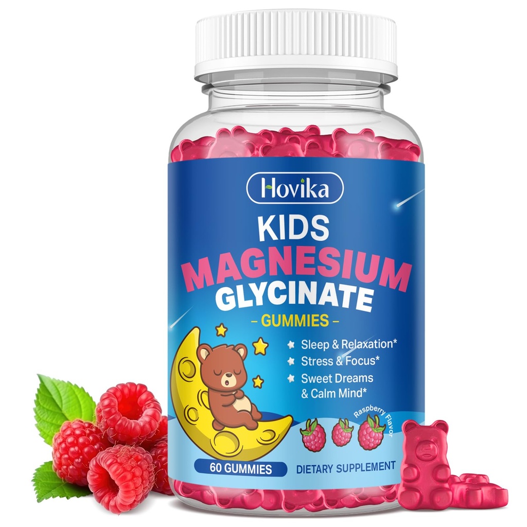 Magnesium Glycinate Gummies for Kids - with L-Theanine, Omega-3, Vitamin B6, D3, Zinc - Kids Magnesium Gummies for Sleep, Relaxation, Calm & Focus - Sugar Free Raspberry 60ct