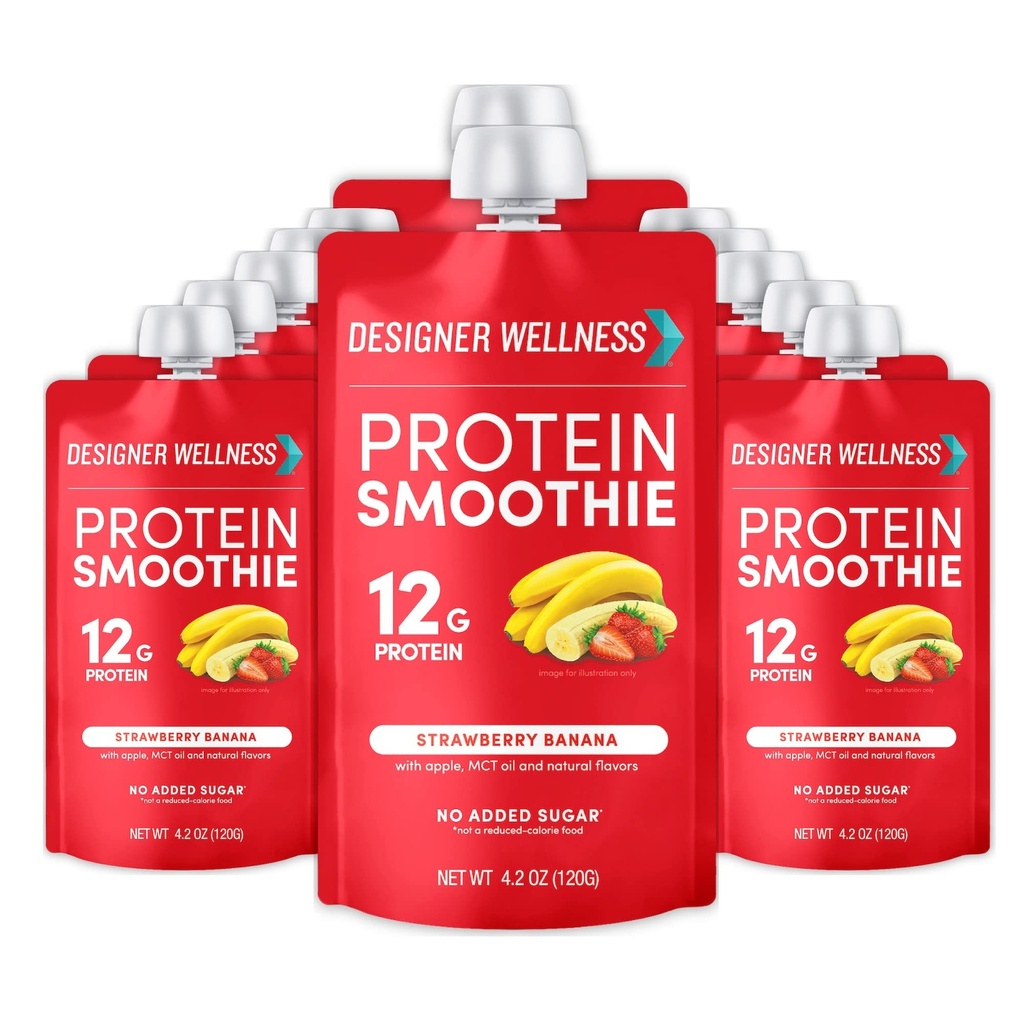 Designer Wellness Protein Smoothie, Frutta reale, 12g Protein, Carbo basso, Zero Aggiunto Zucchero, Senza glutine, Non OGM, Nessun colore artificiale o aromi, Fragola Banana, 12 Conte