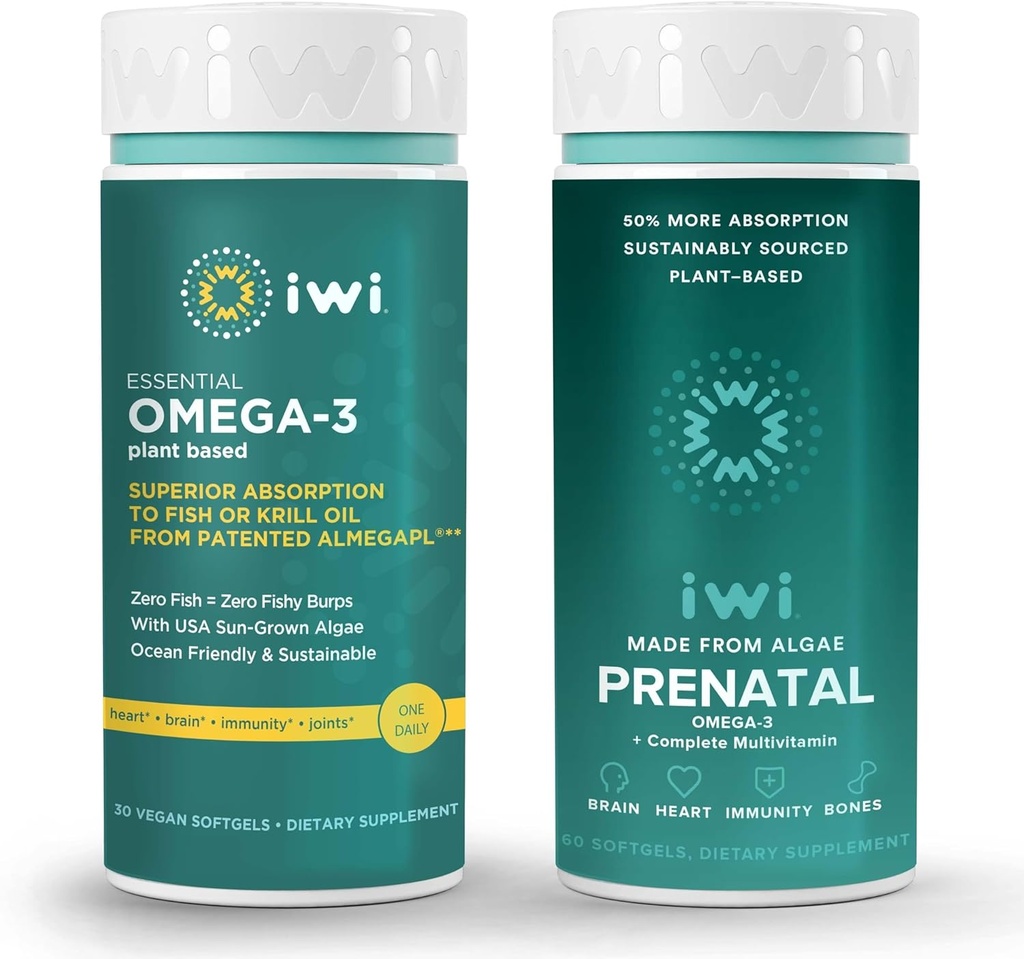 Iwi Omega-3 Essential & Prenatal Multivitamin Bundle, 30 Servierungen, Vegan pflanzenbasierte Algen Omega 3, Krill & Fisch Öl Alternative, keine Fishy Nachgeschmack