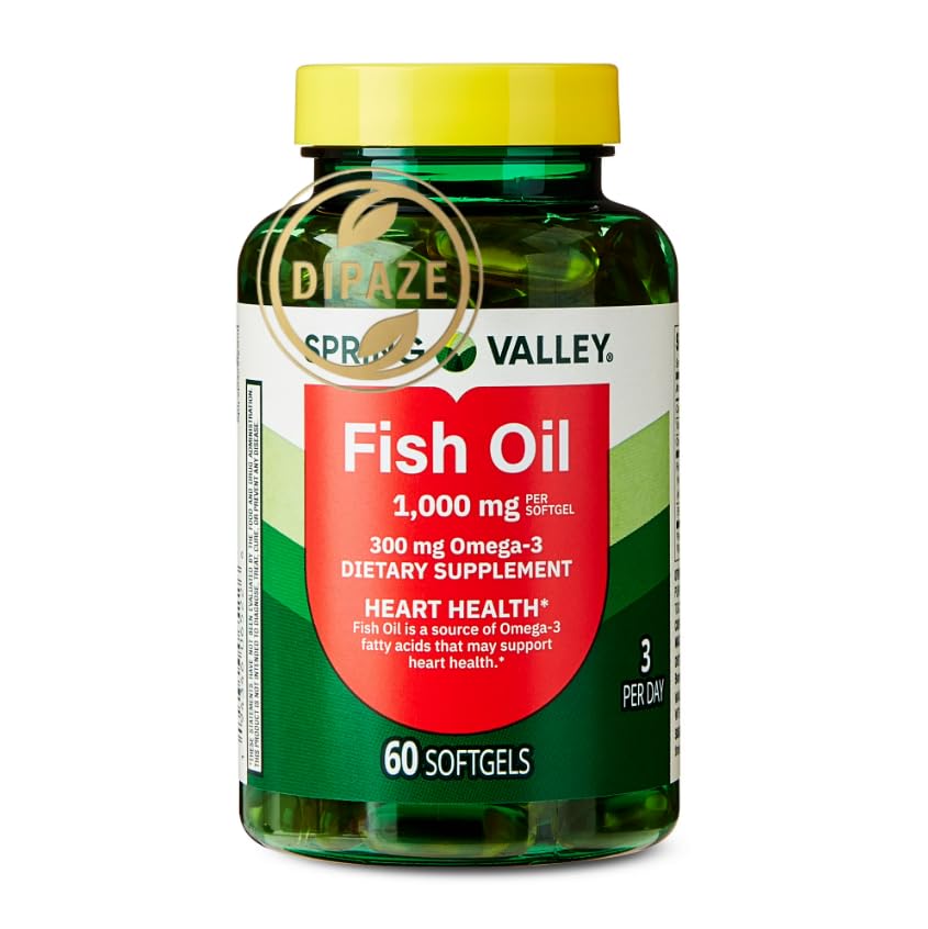 Spring Valley Omega-3 Huile de poisson Softgels, 1000 mg, 60 Compte – Supplément alimentaire à l'huile de poisson – Supplément Omega-3 – Soutien nutritionnel quotidien + Don de dipaze (conteneur)