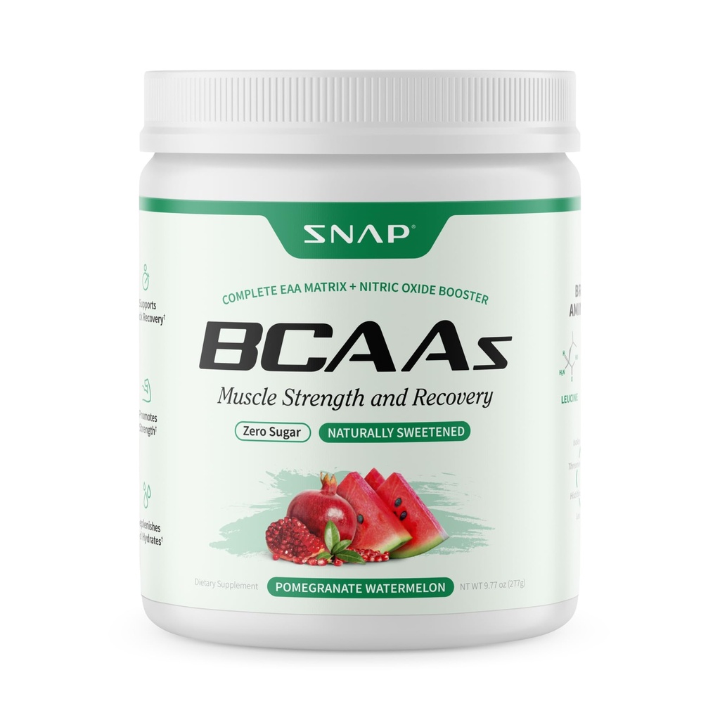 Polvere BCAA - 5g Aminoacidi a catena ramificata Vegan (2:1:1:1 Leucina Isoleucina Valine) + Aminoacidi essenziali con Booster dell'ossido nitrico, 30 Serve, melograno