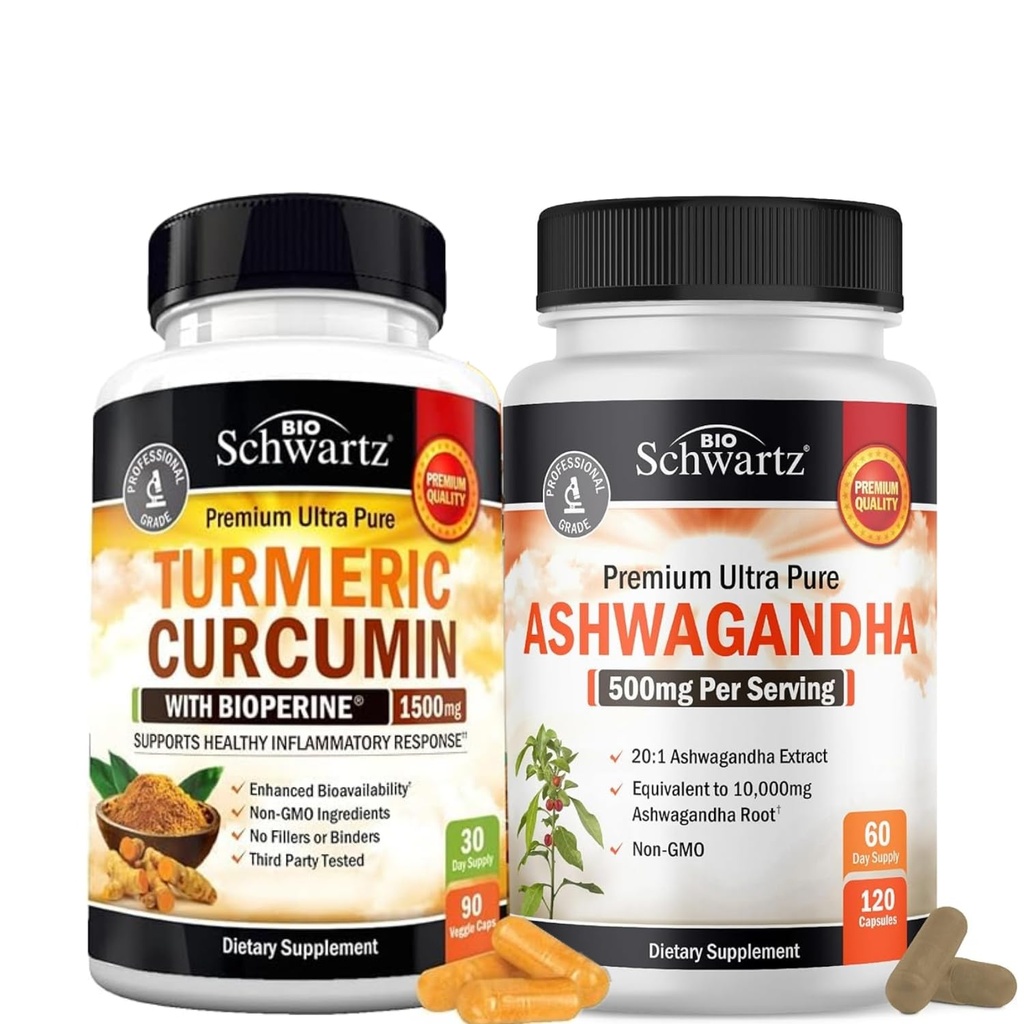 Extra Strength Ashwagandha Capsules (2 mois d'approvisionnement) Plus Curcumine curcumine avec extrait de poivre noir 1500mg Complexe (Trial Size)