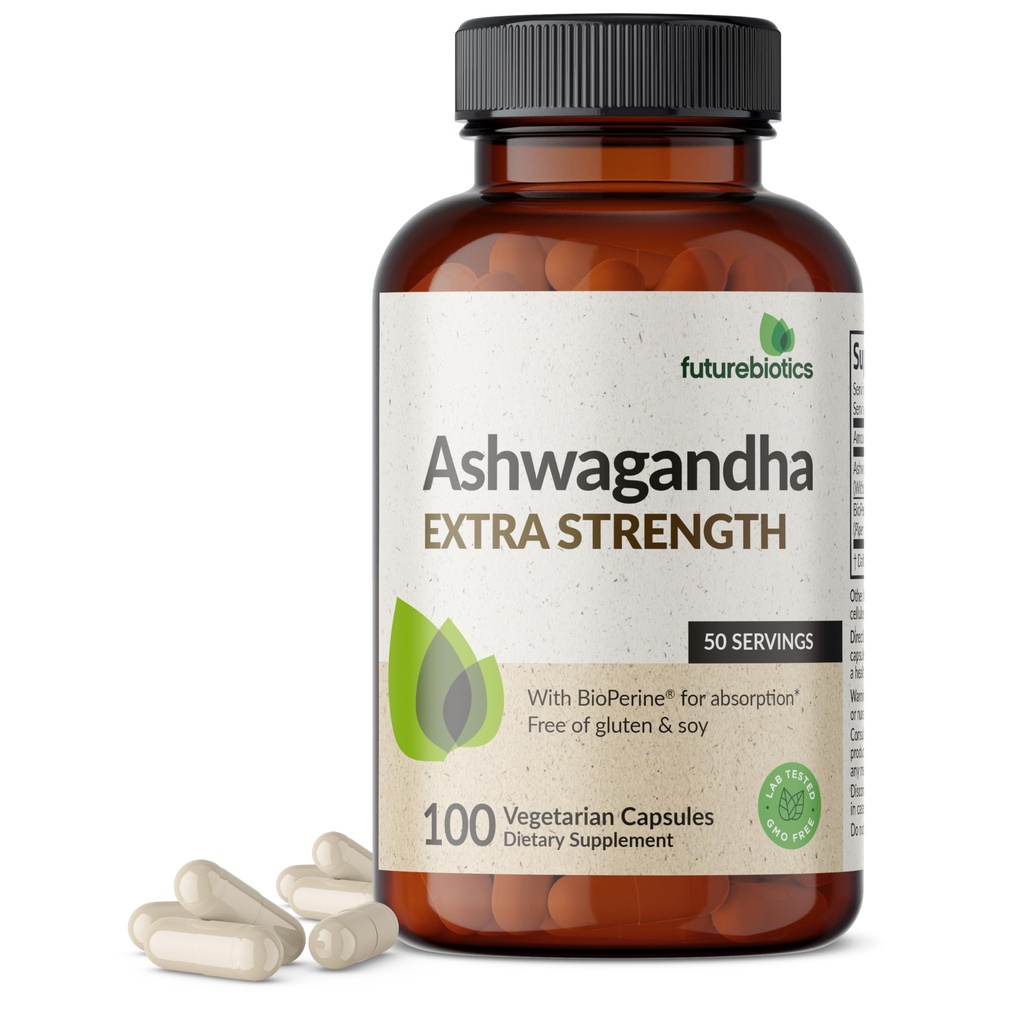 Futurebiotics Ashwagandha Extra Strength Stress & Mood Support avec BioPerine - Formule non OGM, 100 capsules végétariennes