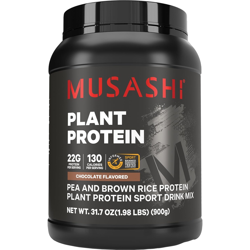 Musashi Plant Protein Powder, Chocolate, 900g (1.98 lb), Pea, Riso Marrone e Chia Protein Blend con BCAAs & L-Glutamine, 23g Protein, 130 Calorie per Serving