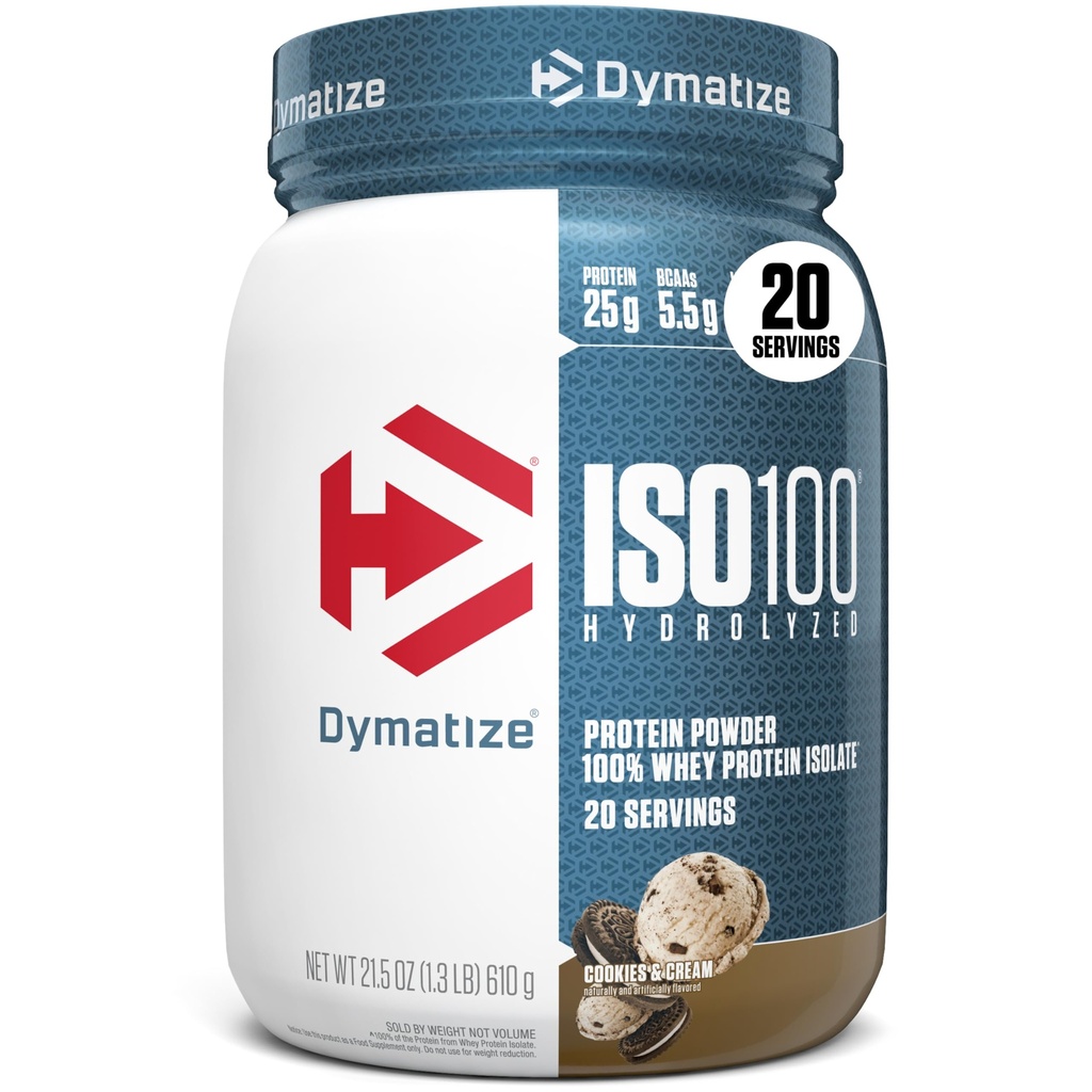 Dymatize ISO100 Whey Protein Powder Isolate, Cookies & Cream, 25g di Proteine, 5.5g BCAAs, Meno di 120 Cal., Gluten Free, 1g Grass, 1g Sugar, 2g Carb (20 Servings)