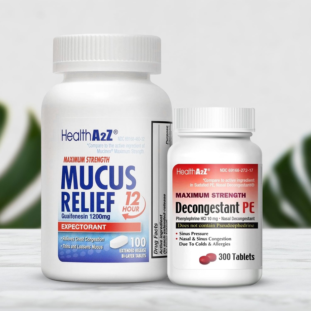 HealthA2Z Abschwellende PE & Schleim Relief Maximale Stärke | Phenylephrin HCl 10mg 300 Tabletten | Guaifenesin 1200mg 100 Tabletten