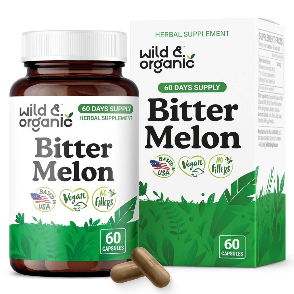 Wild & Organic Bitter Melon Capsules 500 mg - Overall & Digestive Support - Bitter Melon Extract Supplement - Momordica Charantia Capsules - Vegan, No Fillers, Non-GMO - 60 Count