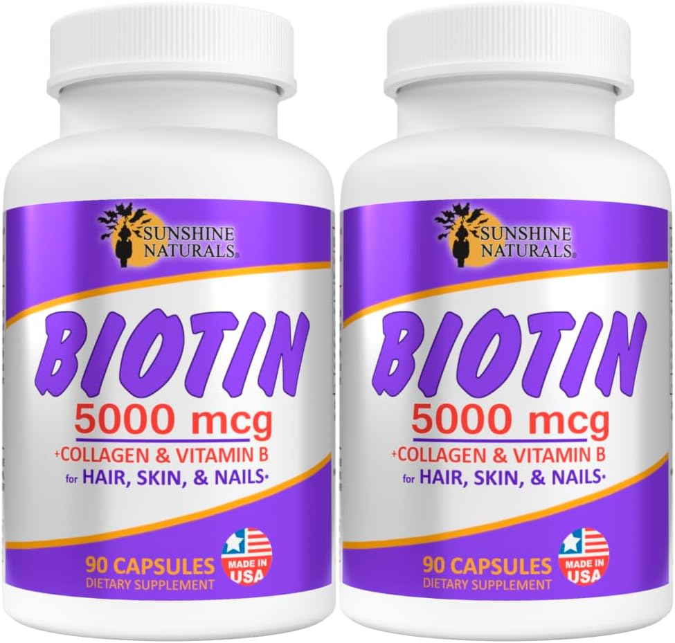 Sunshine Naturals Biotin Dietary Supplement. for Healthier Skin, Thicker Hair, Nail Growth. Collagen, Vitamin A, B for Hair Loss, Beauty, Cell Renewal, Scalp Health. 5000 mcg. 90 Capsules. Pack of 2