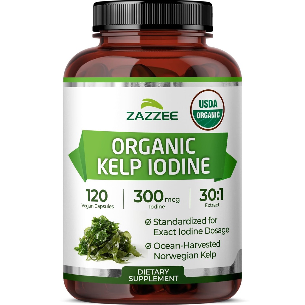 Zazzee USDA Organic Kelp Iodine 30:1 Extract, 300 mcg per Capsule, 120 Vegan Capsules, 4 Month Supply, Ocean-Harvested Norwegian Kelp, Standardized to 1% Iodine for Exact Dosage, Thyroid Support