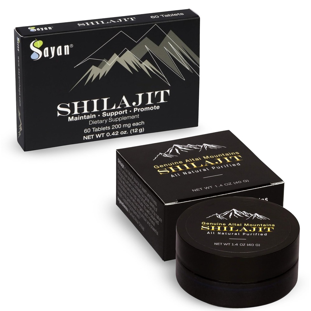 Sayan Shilajit Pure Organic Black Resin Mineral Tablets & Highly Potent Resin Bundle - Organic Fulvic Acid & Trace Minerals Supplement - Immune Support, Detox, Energy & Memory Boost (2 Monate Versorgung)