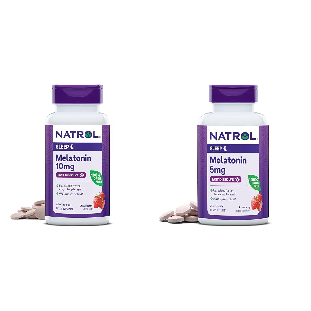 Natrol Melatonin 10mg 200 Tabletten & 5mg 200 Tabletten Erdbeer-Flavored Fast-Dissolve Schlafunterstützung Nahrungsergänzung Bundle