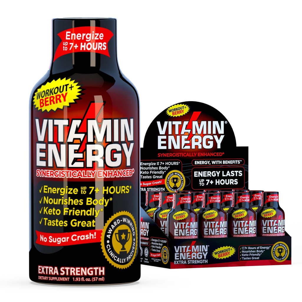 Vitamin Energy Workout+ Extra Strength Energy Shot Berry 12 Pack, 260mg Natural Caffeine, Pre-Workout, B-Vitamins, Minerals, Endurance & Performance, Zero Sugar, Gluten-Free, Vegan, 1.93 fl oz