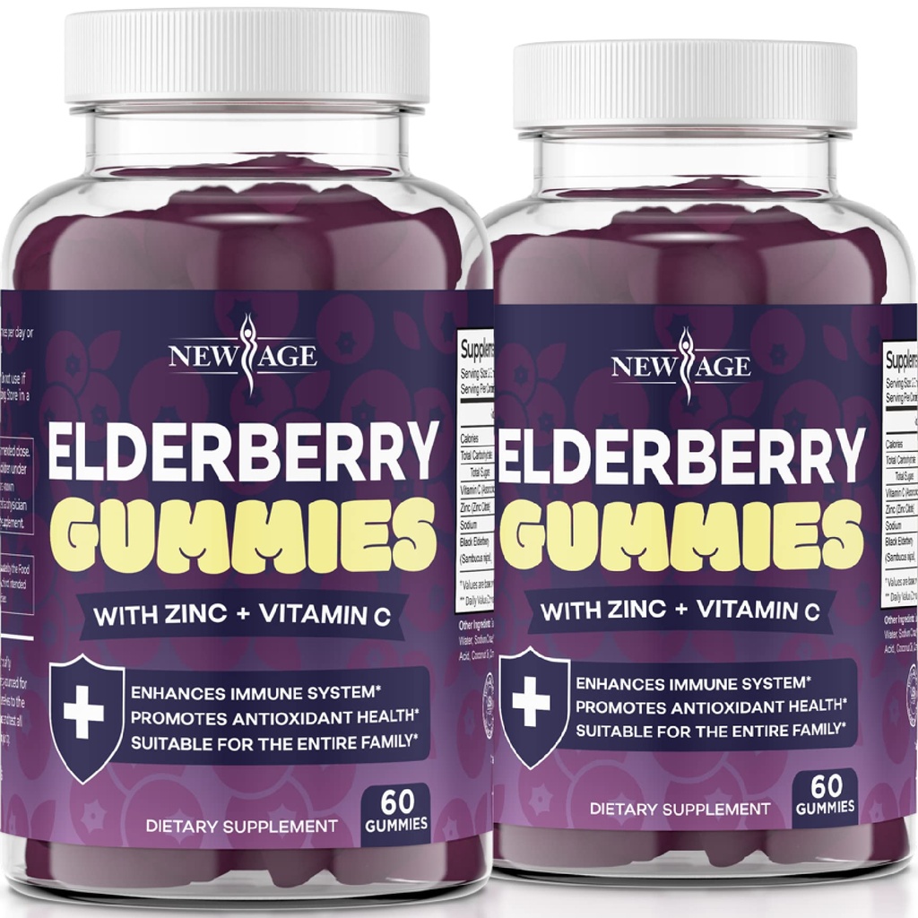 NEU AGE (2-Pack) Premium Elderberry Gummies für Erwachsene Kinder mit Vitamin C, Zink, Propolis - Sambucus Black Elderberry Gummy Extract - Gluten Free & Vegetarian - 120 Gummis