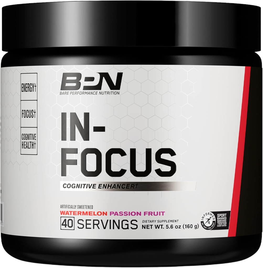 BARE PERFORMANCE NUTRITION, BPN in-Focus Brain Support Supplement, Verbesserung Fokus & Energie, Alpha GPC, Watermelon Passionfruit, 40 Servietten