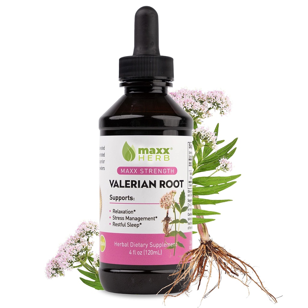 Maxx Herb Extrait de racine valériane - Max Strength, liquide Absorbe de racine valériane mieux que les capsules, pour la relaxation et le sommeil reposant, sans alcool - 4 Oz bouteille (60 portions)
