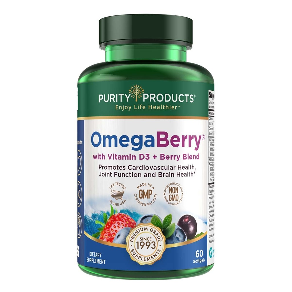 Reinheitsprodukte OmegaBerry Fish Oil mit Vitamin D3 und Bio Acai - 1250mg Konzentriertes Molecularly Distilled Ultra Pure Omega-3 Fish Oil, 500mg DHA + 650mg EPA - 60 Soft Gels - 30 Tage Versorgung von