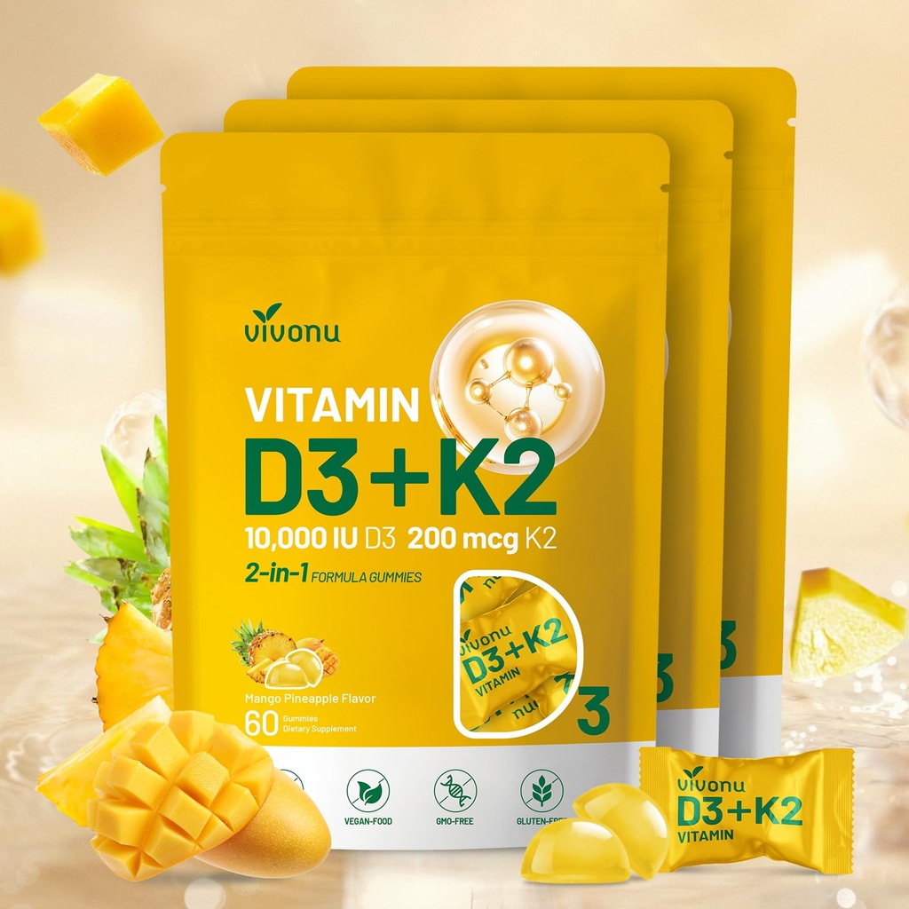 Vitamin D3 K2 Gummies, D3 10000 IU & MK7-200 mcg, 2 in 1 Vitamins D & K Complex | Vitamina D3 con K2 | Supports Calcium Absorption, Bone, Immune, & Heart Health, Easy to Carry and use (180 Gummies)