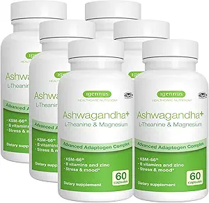 Igennus High Strength Ashwagandha Stress Relief Complex, L-Theanine & Magnésium & KSM-66 Extrait de racine Adaptogènes, Vitamines B méthylées, Soutien au calme et au sommeil, Label propre, 360 Capsules Vegan